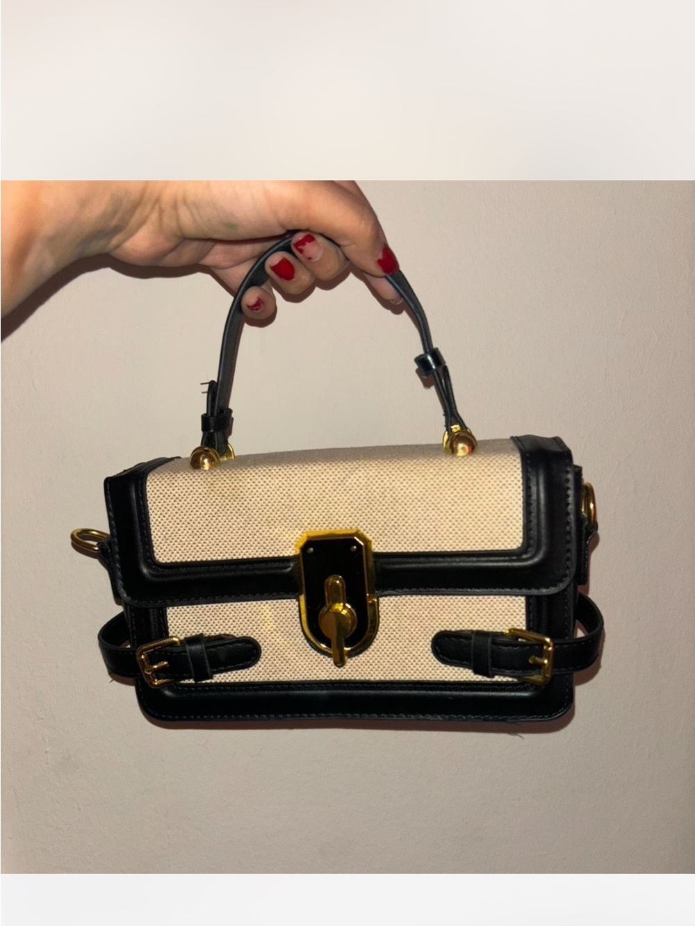 Structured Black & Cream Top-Handle Satchel